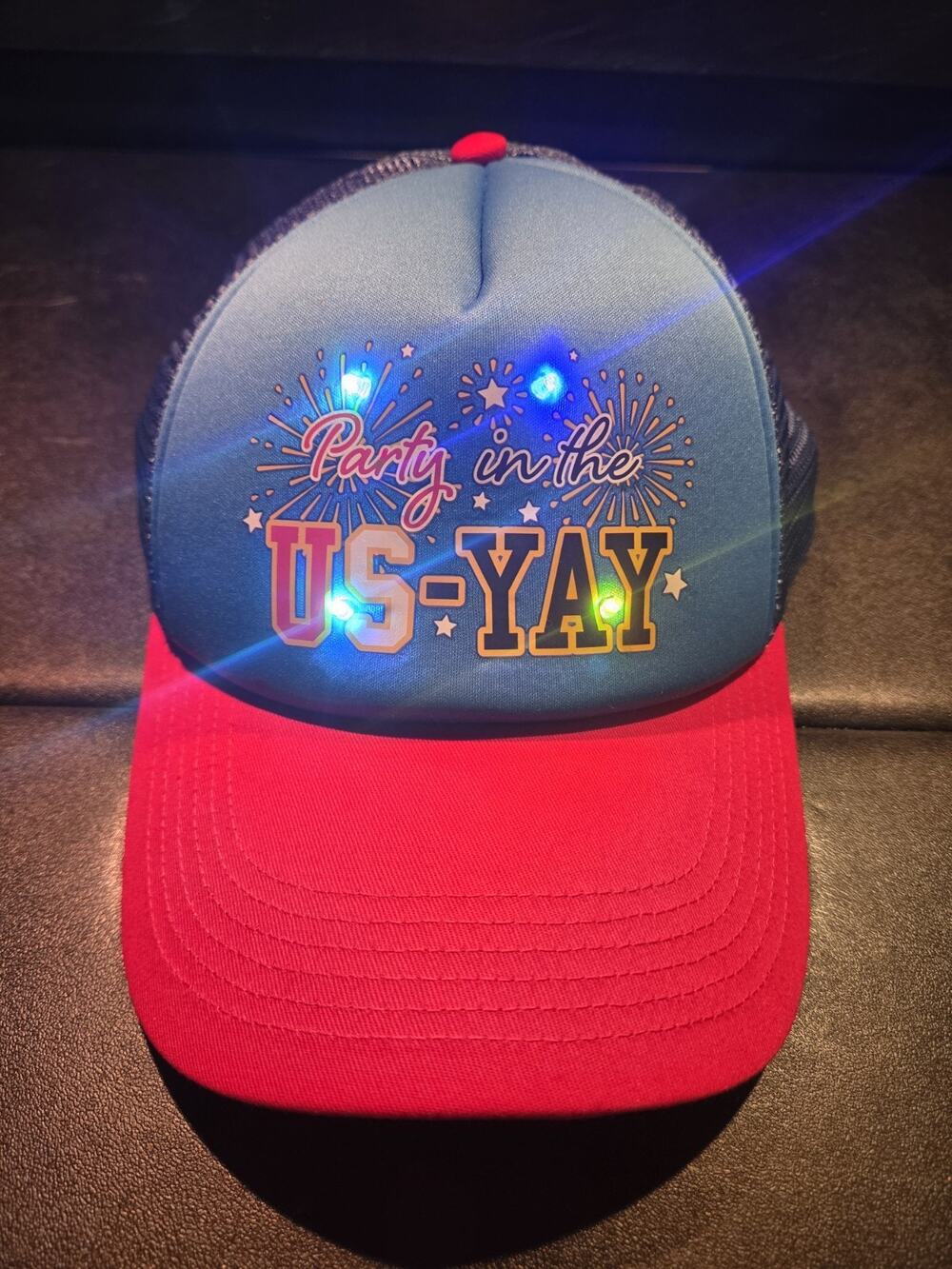 Patriotic Mesh Trucker Hat “Party In The US-YAY Red White & Blue LED Lights NWT